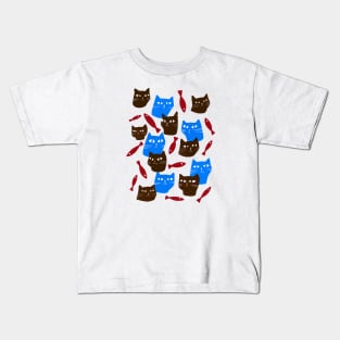 Blue and brown cats with red fish Kids T-Shirt